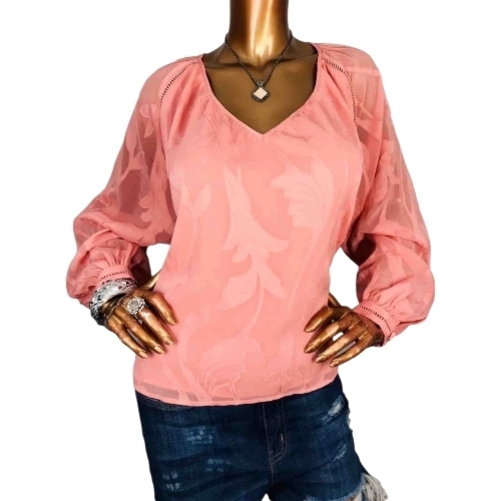 WHITE HOUSE BLACK MARKET Elegant Chic Peach Blouse with Sheer Sleeves Women's Lg - Picture 8 of 9